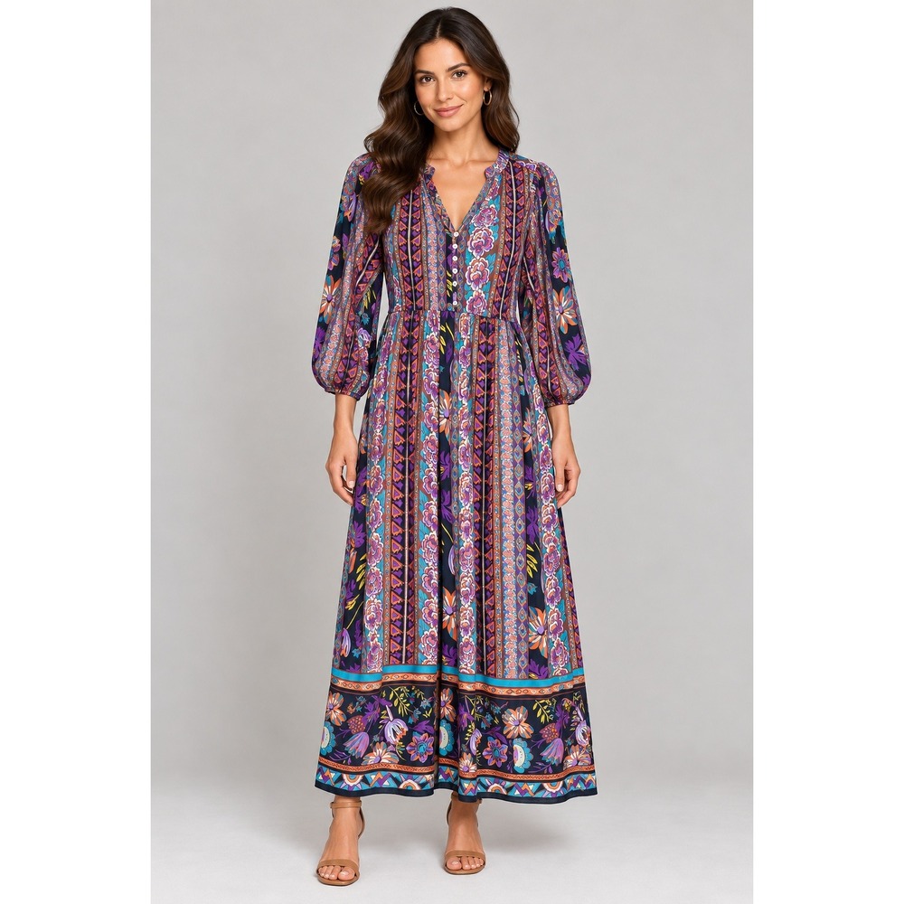 Love 21 Maxi Dress Women M Black/Peach NEW Boho Floral Geometric Long Sleeve